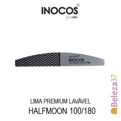 Lima de unhas INOCOS Halfmoon 100/180 com superfície preta e cinza, texto visível