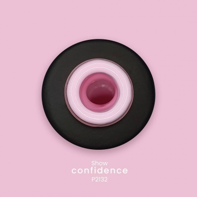 Objeto circular com camadas rosa e preto e texto 'Show confidence P2132'