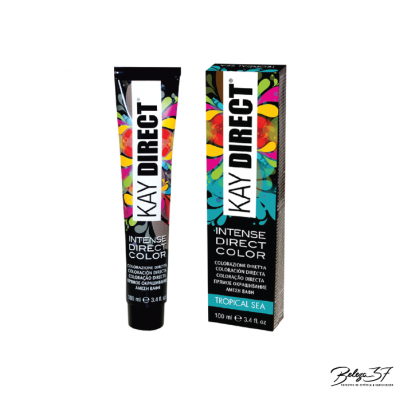 Tubo e caixa de tinta para cabelo KAY DIRECT com design colorido