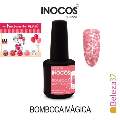 Verniz gel para unhas INOCOS Bomboca Mágica com cor rosa e brilho