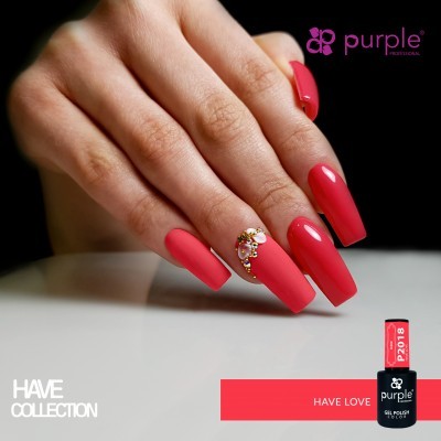 Mão com unhas vermelhas compridas e decorativas, verniz gel Purple Professional HAVE LOVE