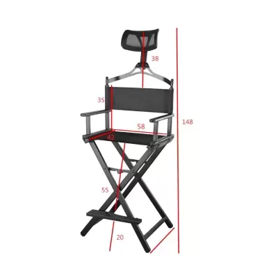 Cadeira diretor preta com encosto alto, apoio para cabeça, braços e pés, com medidas em vermelho.