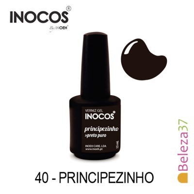 Frasco preto de verniz gel INOCOS prinçipezinho com texto branco e amostra de cor preta