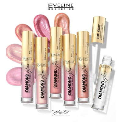 Batons líquidos Eveline Cosmetics Diamond Ultra Lip Plumper em várias cores e um top coat