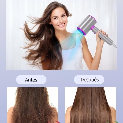 Comparação de cabelo antes e depois de usar secador, com texto em espanhol