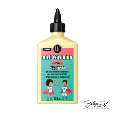 Frasco amarelo de shampoo infantil Lola Kids com tampa preta e rótulo colorido