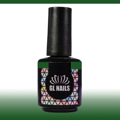 Frasco de verniz para unhas preto com etiqueta GL NAILS e padrão geométrico colorido
