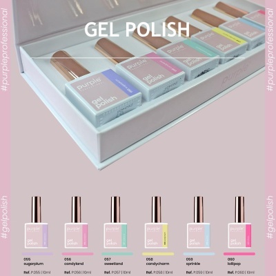 Conjunto de seis vernizes gel Purple Professional com cores pastel numa caixa branca