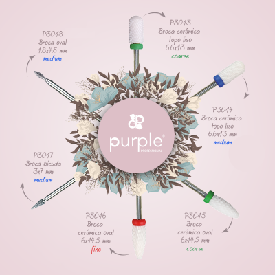 Brocas cerâmicas para manicure Purple Professional dispostas em círculo com descrições de tipo, tamanho e abrasividade