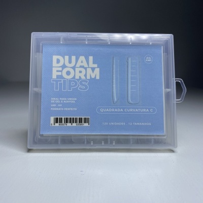 Embalagem com Dual Form Tips para unhas em fundo cinza.