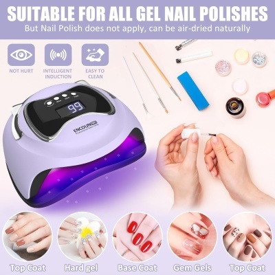 Dispositivo lilás para polimento de unhas UV com utensílios de manicure ao redor