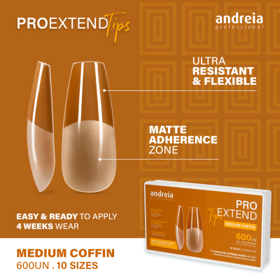 Embalagem e unhas postiças Medium Coffin da andreia professional em fundo laranja