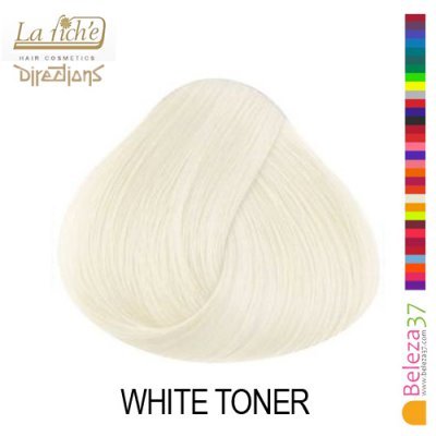 Amostra de cabelo branco com texto 'WHITE TONER' e logótipos de marcas no fundo branco