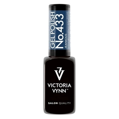 Frasco de verniz gel preto VICTORIA VYNN com etiqueta azul e texto branco