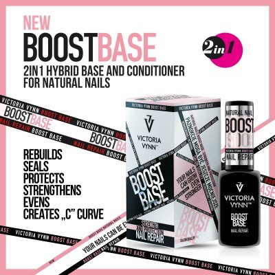 Produto Boost Base 2 em 1 para unhas naturais da Victoria Vynn com embalagem preta, branca e rosa
