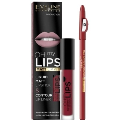 Conjunto de batom líquido mate e lápis de contorno labial vermelhos com embalagem preta