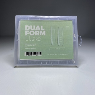 Caixa transparente de DUAL FORM TIPS para unhas com rótulo verde e texto branco