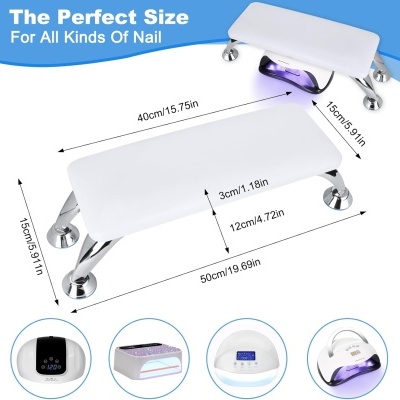 Prateleiras para unhas brancas com pernas metálicas e dimensões destacadas em fundo azul com texto em inglês