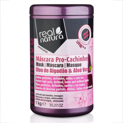 Embalagem de máscara capilar Real Natura Pro-Cachinhos 1 kg roxa e preta com texto em português, inglês e francês