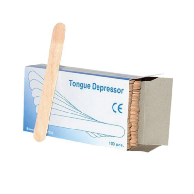 Caixa branca e azul aberta com espátulas de madeira para depressor de língua