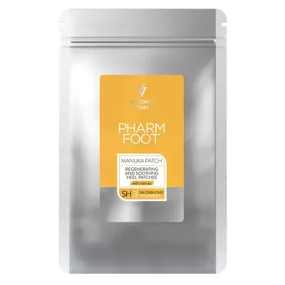 Embalagem prateada com selo amarelo e branco do produto PHARM FOOT Manuka Patch