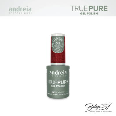 Frasco de verniz gel Andreia TRUE PURE verde com tampa branca e selo vermelho brilhante