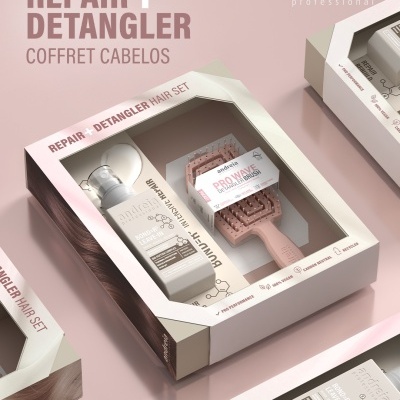 Conjunto Andreia Professional REPAIR + DETANGLER para cabelo, embalagem branca e rosa com spray e escova