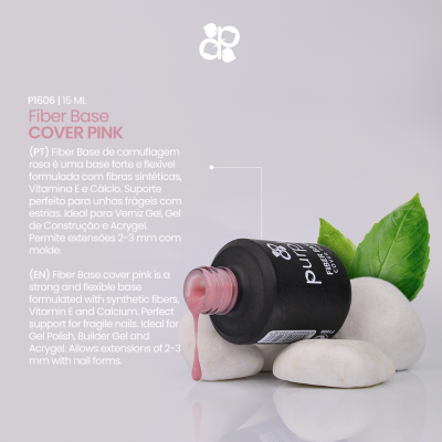 Frasco de verniz rosa com etiqueta preta sobre pedras brancas e folha verde, com texto explicativo em português e inglês