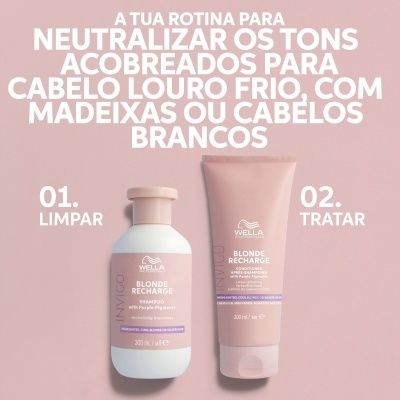 Produtos Wella Blonde Recharge para cabelo louro frio sobre fundo rosa
