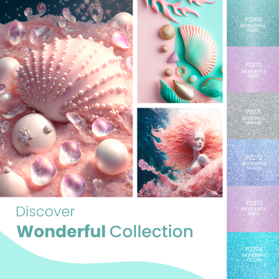 Montagem com conchas, pérolas e gotas em tons pastel, lista de cores com nomes e códigos, texto Discover Wonderful Collection