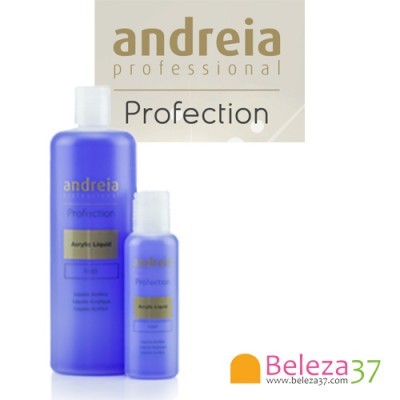 Duas embalagens azuis de líquido acrílico Andreia Profection com textos e logos visíveis