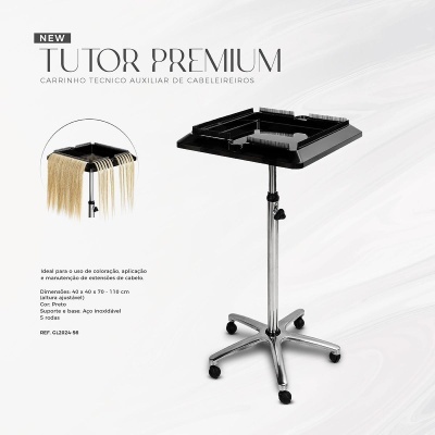 Carrinho técnico auxiliar de cabeleireiros Tutor Premium com base cromada e bandeja preta