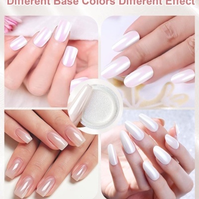 Unhas pintadas com diferentes bases e esmalte perolado branco