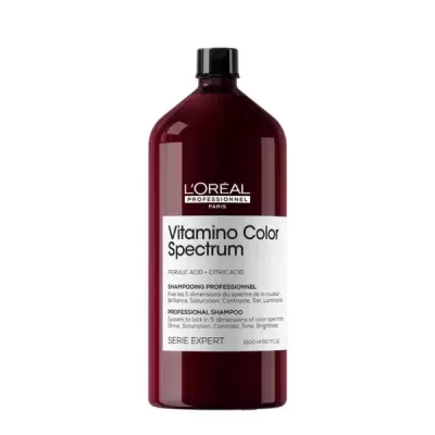Frasco de shampoo Vitamino Color Spectrum da L'Oréal Professionnel, vermelho escuro com rótulo branco