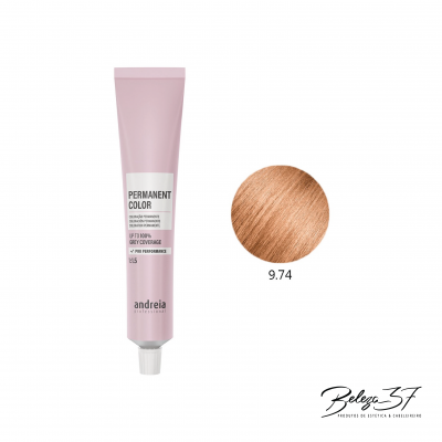 Tubo rosa de tinta de cabelo Andreia e amostra de cor 9.74 loiro acobreado