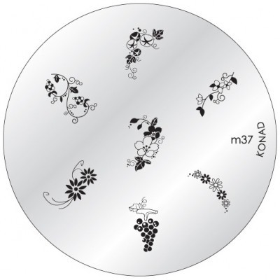 Placa metálica redonda para carimbos de unhas com desenhos florais e cachos de uvas