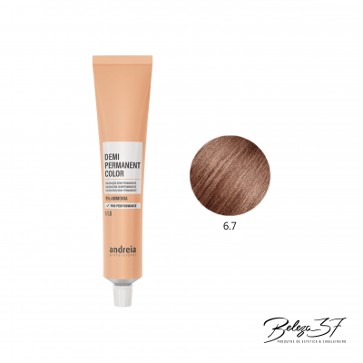 Tubo de tinta cabelo Andreia Demi Permanent Color castanho claro 6.7 em fundo branco