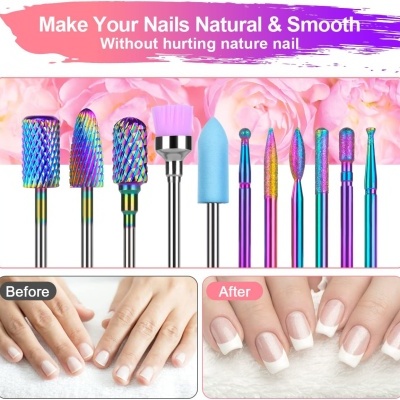 Conjunto de brocas coloridas para unhas com pincel e imagens de unhas antes e depois
