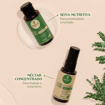 Dois frascos de cosméticos haskell em fundo claro com folhas verdes