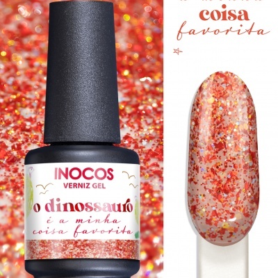 Verniz gel glitter laranja Inocos com rótulo branco e texto vermelho