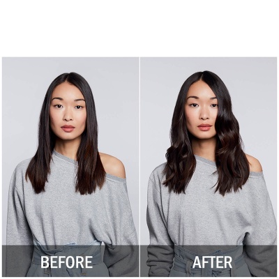 Mulher com camisola cinzenta em imagem antes e depois, cabelo liso e ondulado