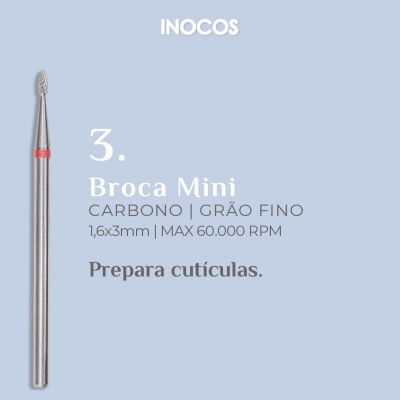 Broca Mini de metal para cutículas com texto informativo em fundo azul claro