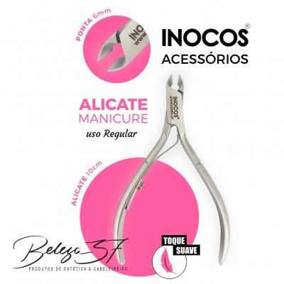 Alicate manicure INOCOS prateado com fundo branco e rosa e texto promocional