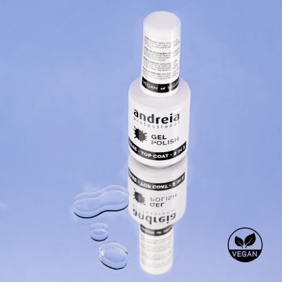 Frasco branco de verniz gel topo de linha Andreia Professional em fundo azul com gotas refletidas