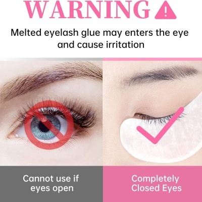 Aviso em inglês sobre cola para pestanas com imagens de olho aberto e fechado