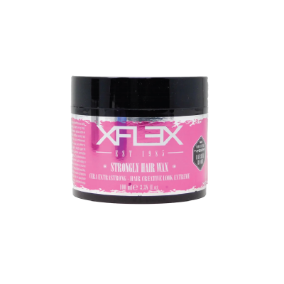 Pote de cera para cabelo XFLEX com rótulo rosa e tampa preta