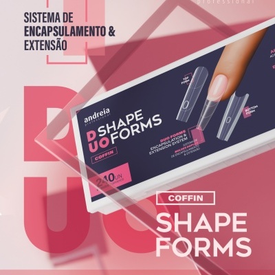 Embalagem de moldes para unhas em formato coffin da andreia professional com texto promocional em português