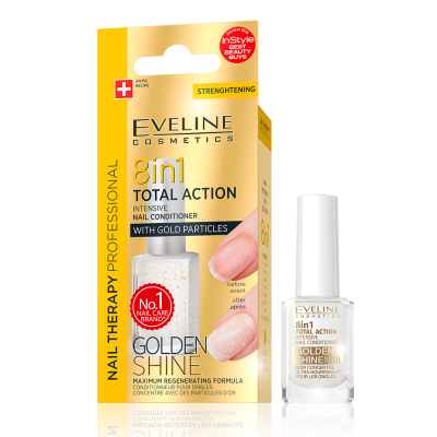 Condicionador de unhas Eveline 8in1 Total Action em embalagem amarela e branca com frasco transparente
