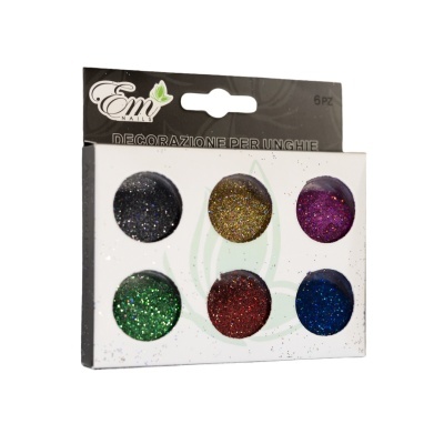 Conjunto de decoração para unhas com glitter colorido em embalagem branca e preta