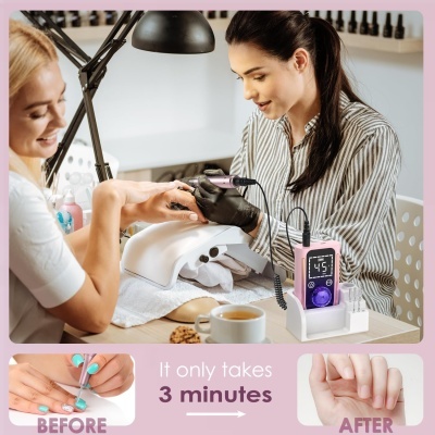 Aparelho elétrico rosa para manicure com ecrã digital a 45 RPM em uso num salão de beleza